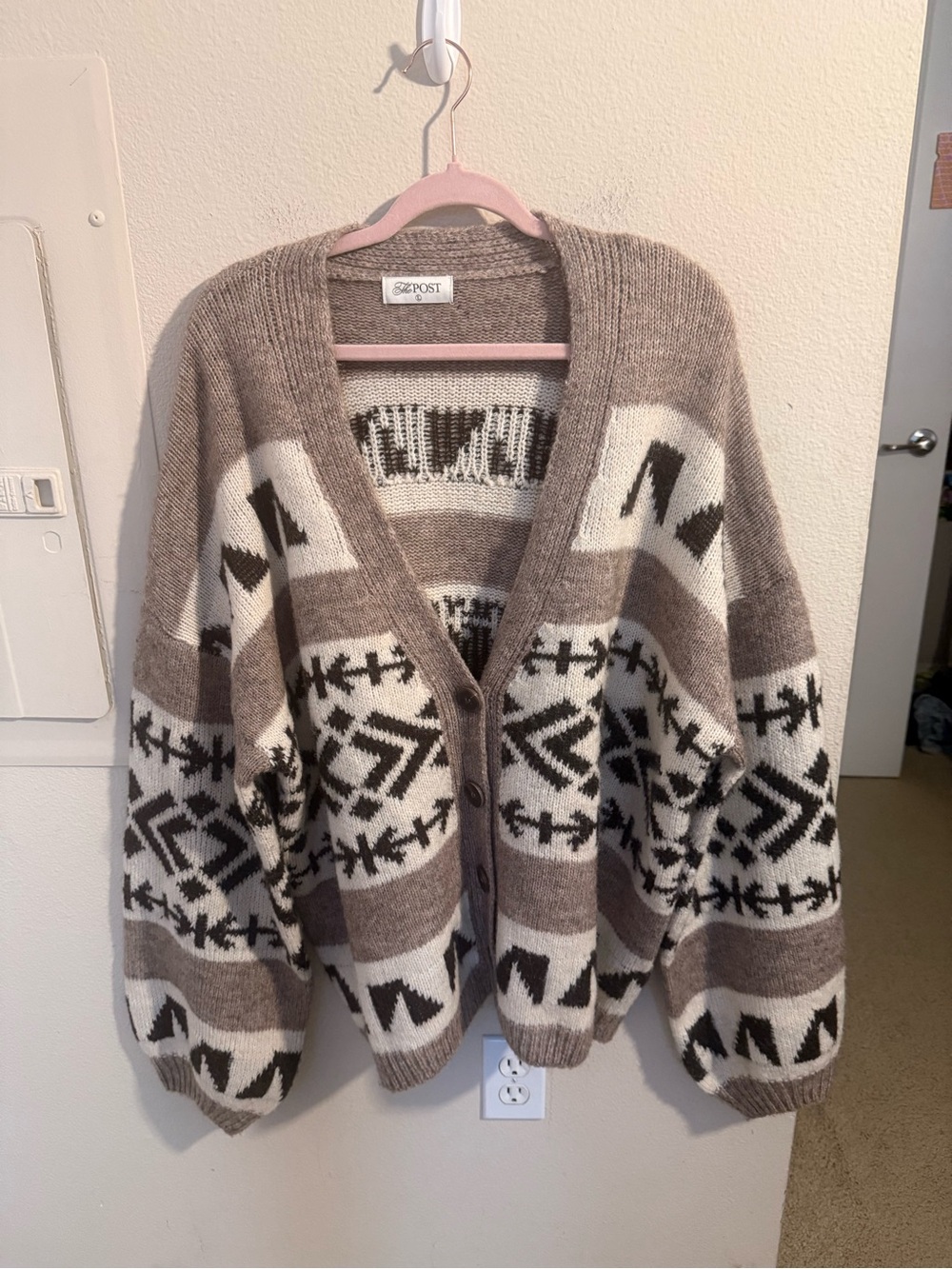 The Post Nordic Fair Isle Button Front Knit Cardigan Sweater Taupe Women’s Large